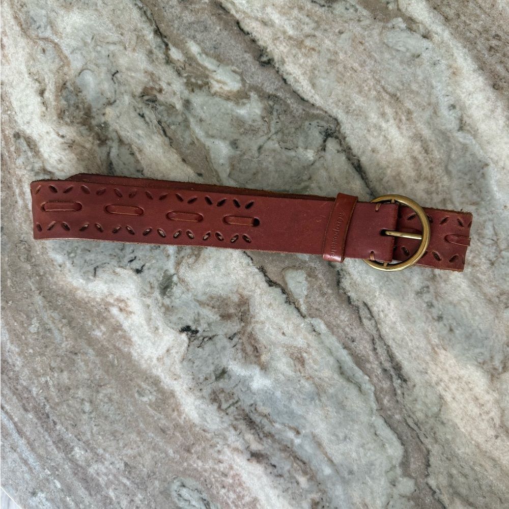 Genuine Leather Cutout Belt Brown Boho Western Brass Ring Buckle Size S-M